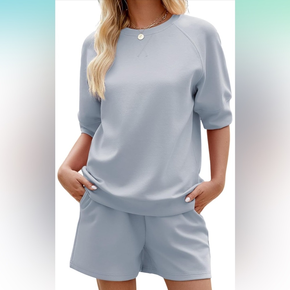 Women's 2 Piece Lounge Set Short Sleeve Top + Shorts Glacier Blue Medium